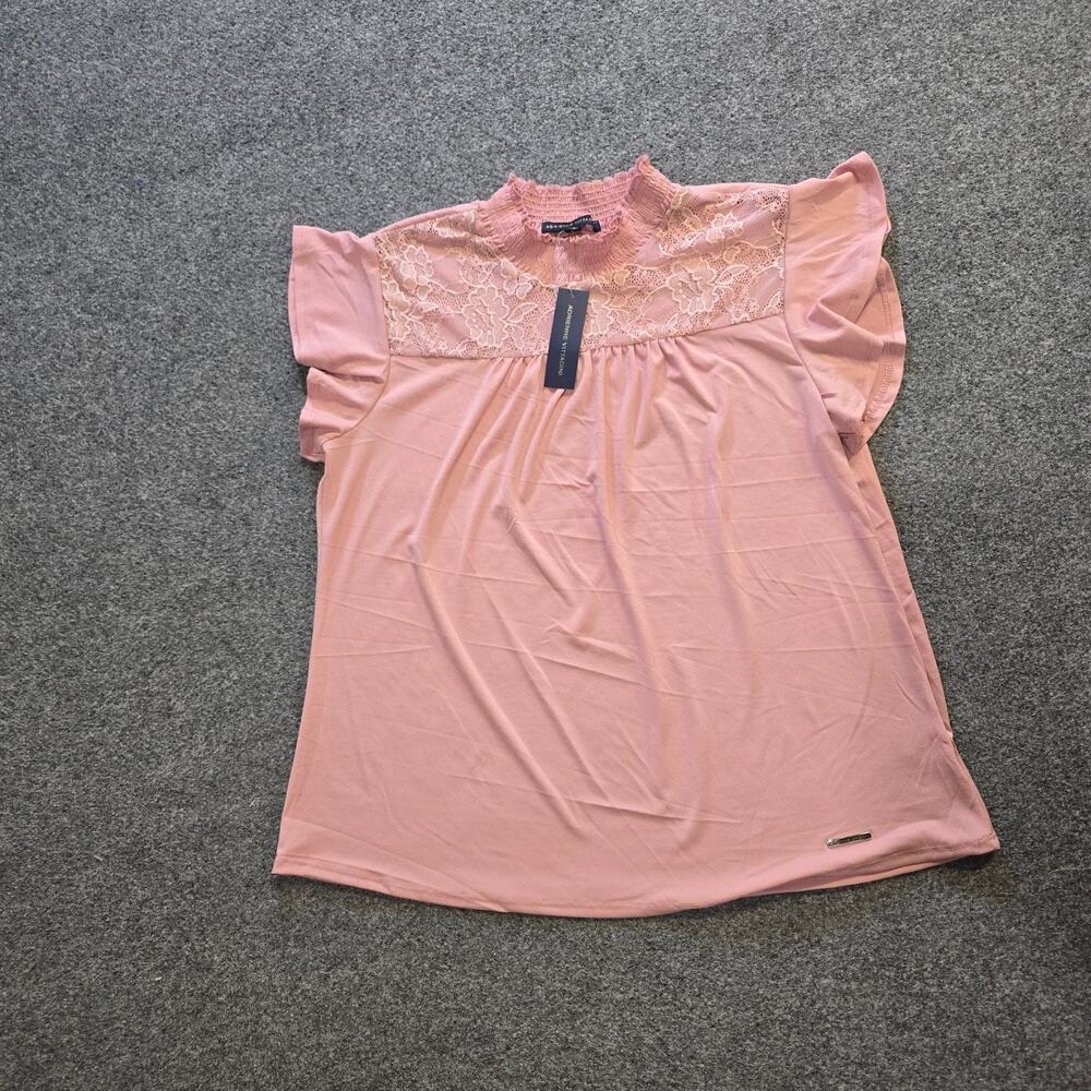 Adrienne Vittadini Top Womens XL Pink High Neck Lace Short Sleeve Career Modest